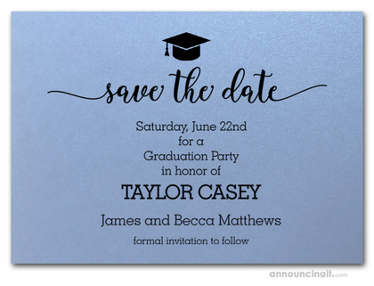 Grad Hat on Shimmery Blue Save the Date Cards