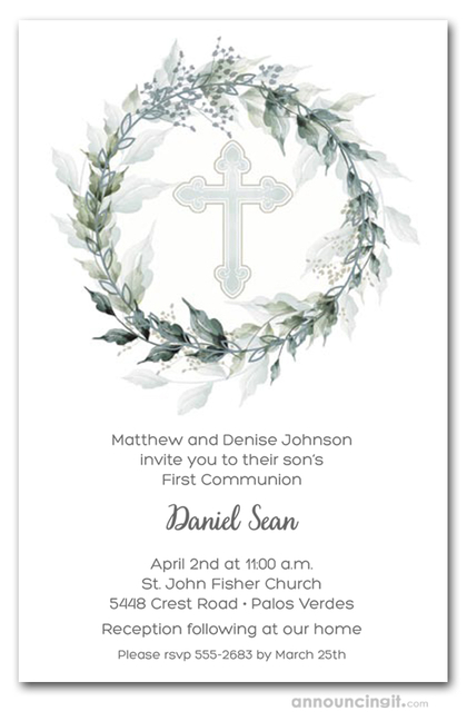 Sage Wreath Blue Cross Communion Invitations