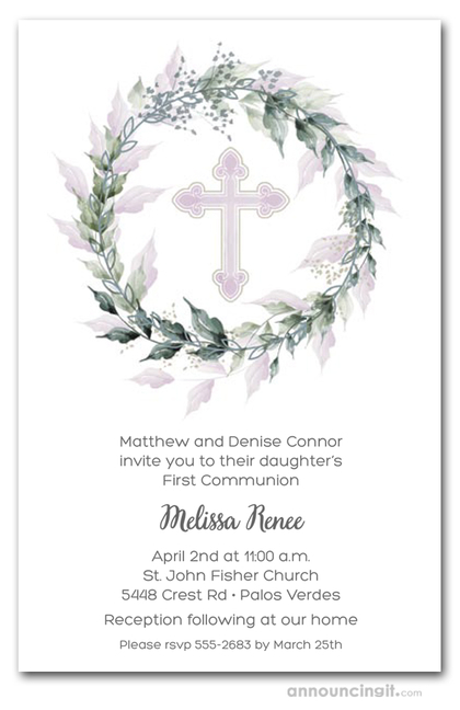 Sage Wreath Pink Cross Communion Invitation