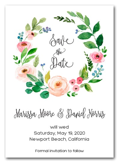 Personalised Save the Date Cards GREEN FLORAL WREATH packs of 10 