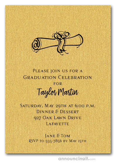 Diploma on Shimmery Gold Graduation Invitations