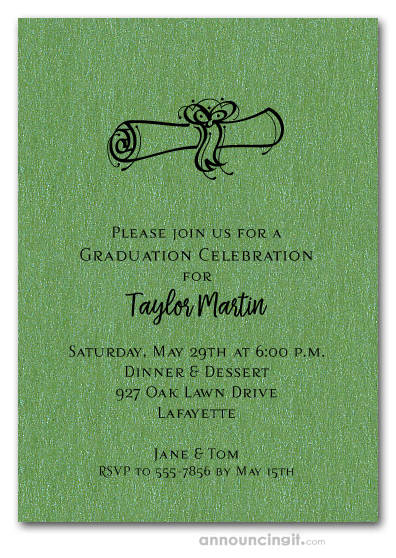 Diploma on Shimmery Green Graduation Invitations