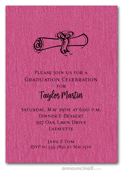 Diploma on Shimmery Hot Pink Graduation Invitations