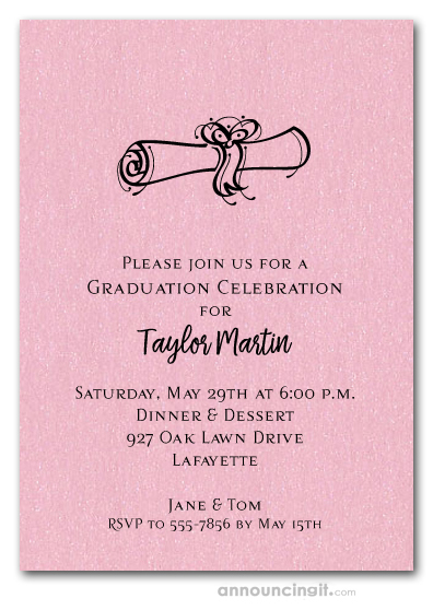 Diploma on Shimmery Pink Graduation Invitations