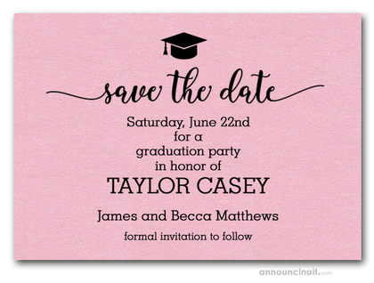 Grad Hat on Shimmery Pink Save the Date Cards