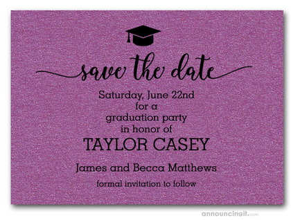 Grad Hat on Shimmery Purple Save the Date Cards