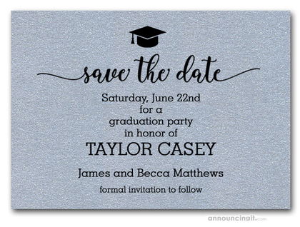 Grad Hat on Shimmery Silver Save the Date Cards