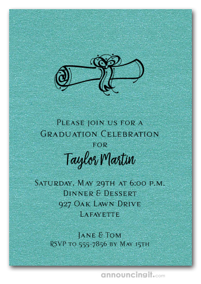 Diploma on Shimmery Turquoise Graduation Invitations