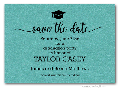 Grad Hat on Shimmery Turquoise Save the Date Cards