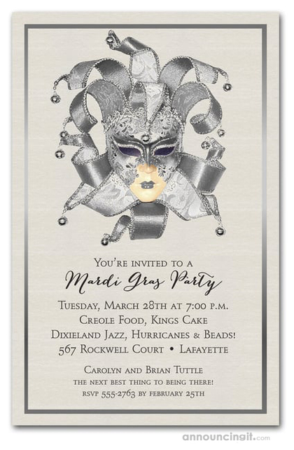 Shimmery Silver Venetian Mask Mardi Gras Invites