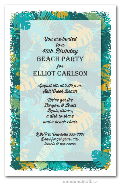 Teal Green Tropical Leaves Party Invitations