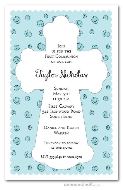 White Cross on Blue Curls Invitations