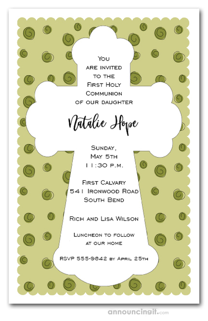 White Cross on Green Curls Invitations