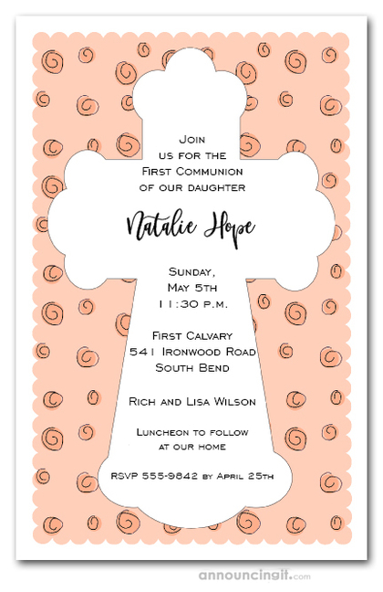 White Cross on Peach Curls Invitations