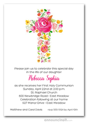 Cross of Flowers Pink First Communion Invitations