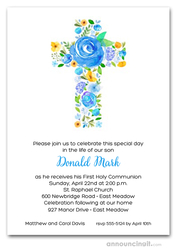 Cross of Flowers Blue First Communion Invitations