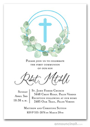 Eucalyptus Wreath Blue Cross Communion Invitation