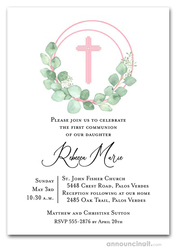 Eucalyptus Wreath Pink Cross Communion Invitation