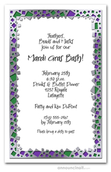 Purple and Green Squares on Silver Mardi Gras Invitations