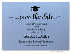 Grad Hat on Shimmery Blue Save the Date Cards