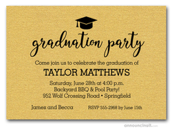 Hat on Shimmery Gold Graduation Party Invitations