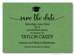 Grad Hat on Shimmery Green Save the Date Cards