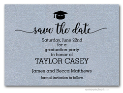 Grad Hat on Shimmery Silver Save the Date Cards