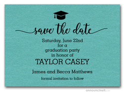 Grad Hat on Shimmery Turquoise Save the Date Cards