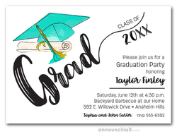 Turquoise & Gold Tassel on Turquoise Cap Graduation Invites