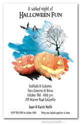 Watercolor Pumpkins and Bats Halloween Party Invitations