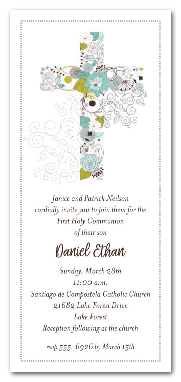 blue cross of flowers boys first communion invitations wedding info cards