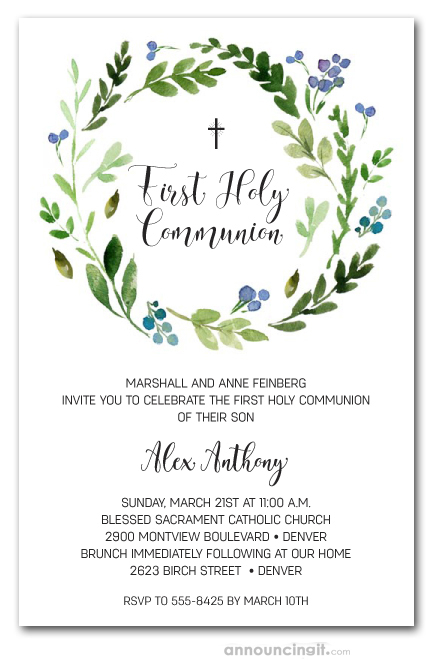 Blue Buds Wreath First Holy Communion Invitations