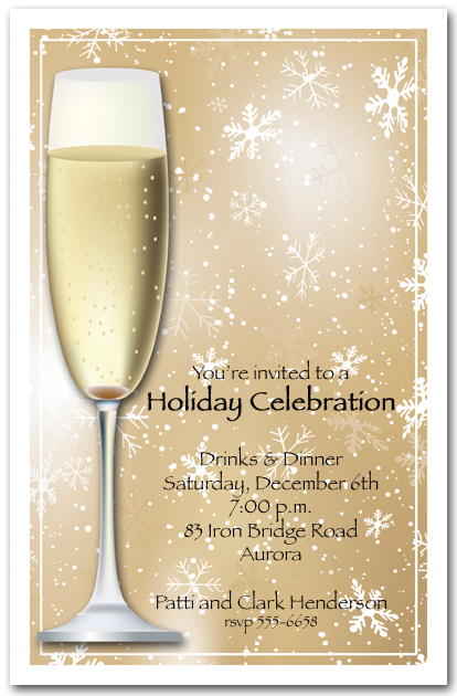 Champagne on Gold Snowflakes Holiday Invitations, Christmas Invitations