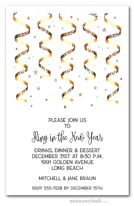 Gold Streamers Party Invitations, New Year's Eve Invitations