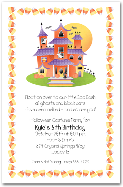 Haunted House and Candy Corn Halloween Party Invitations