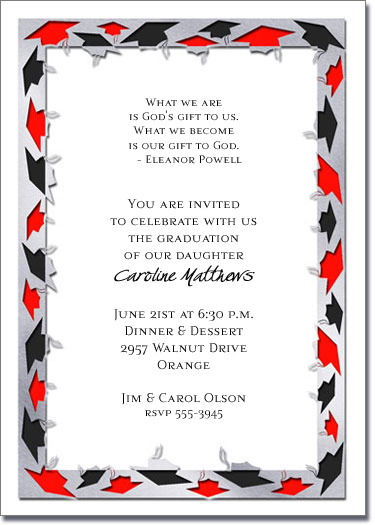 Black & Red Grad Caps on Silver Graduation Invitations