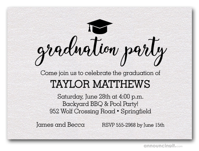 Grad Hat on Shimmery White Graduation Party Invitations and Announcements