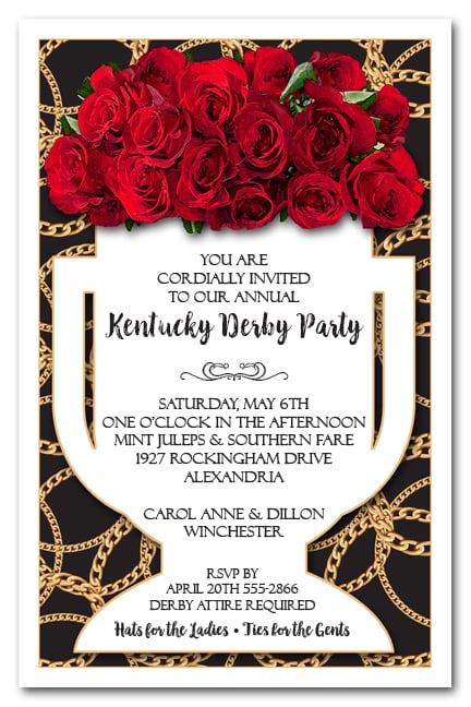 vase of roses on black kentucky derby party invitations