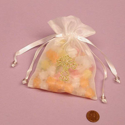 Golden Cross White Organza Favor Bags