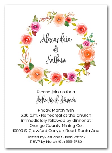 Apricot Floral Wreath Rehearsal Dinner Invitations