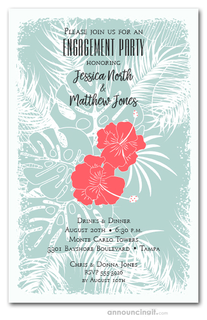 Coral Hibiscus Floral Engagement Party Invitations