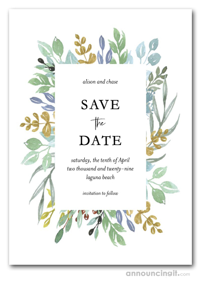 Sage Blue Gold Foliage Wedding Save the Date Cards