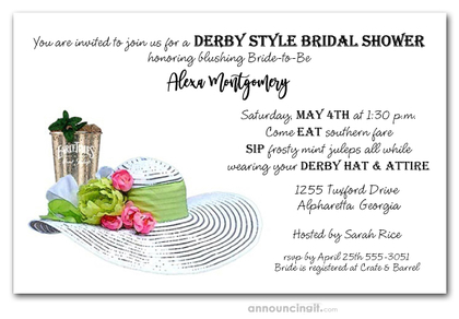 Mint Julep and White Derby Hat Bridal Shower Invites