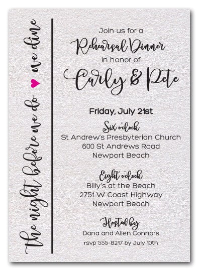 Night Before Rehearsal Dinner Invitations on Shimmery White