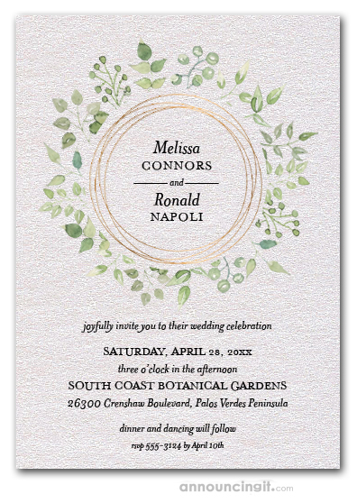 Greenery Wreath Gold Circles Wedding Invitations