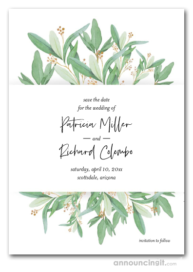 Pale Leaves Gold Sprigs Save the Date Cards