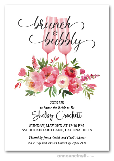 Peonies Champagne Brunch Bubbly Bridal Shower Invites