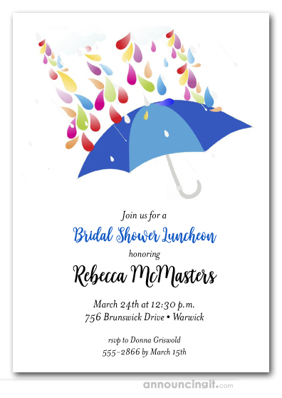 Raindrops Blue Umbrella Bridal Shower Invitations