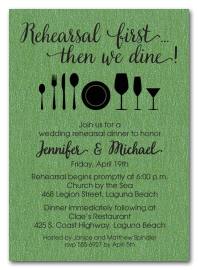 Rehearsal First Green Shimmery Party Invitations