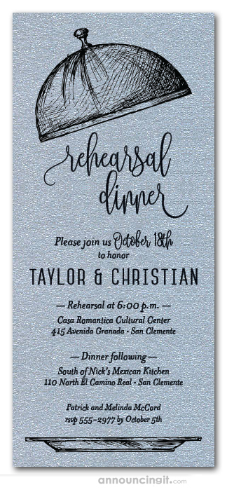Serving Cloche Rehearsal Dinner Invitations on Shimmery Silver